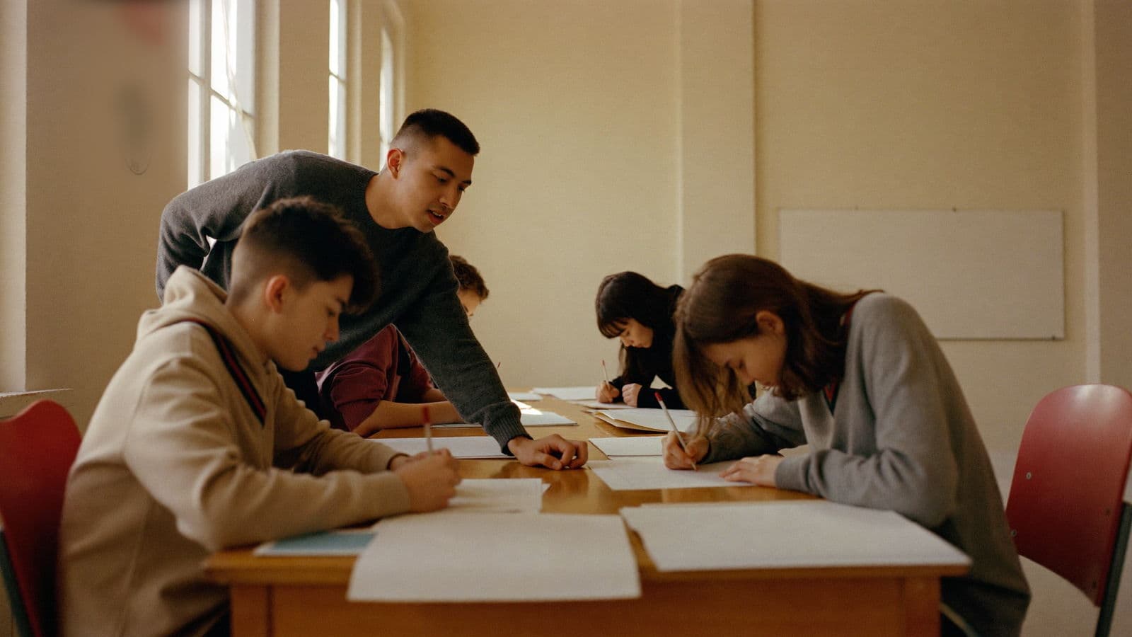 Stage intensif Majorant : un mentor accompagne un petit groupe d'élèves autour d'une même table de travail
